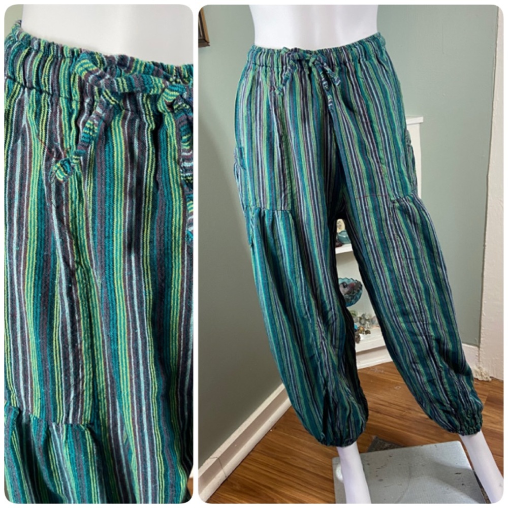 Striped Harem Cotton Yoga Beach Green Blue Pants Joggers S/M Hippie Baggy